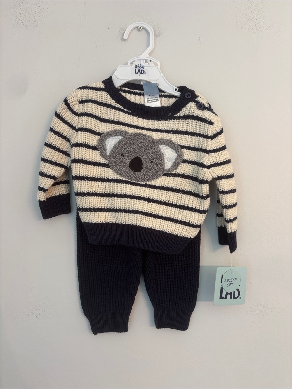 Little Lad Striped Knit Sweater and Pant Set - Cream & Navy